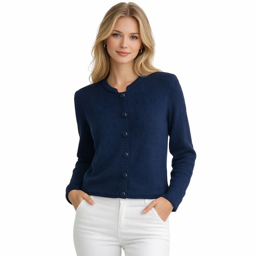 Christopher & Banks Navy Knit Long Sleeve Button Sweater Medium Petite #776